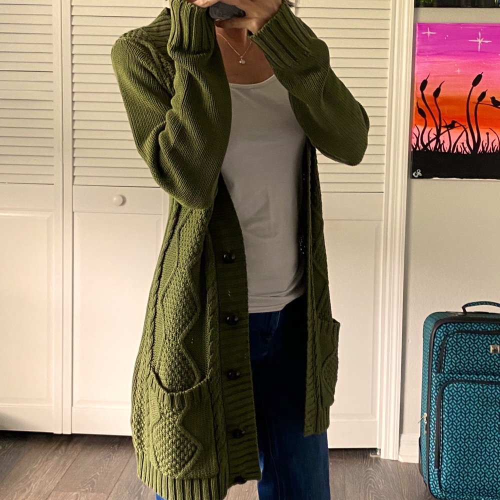 Olive Green Long Cardigan with Pockets